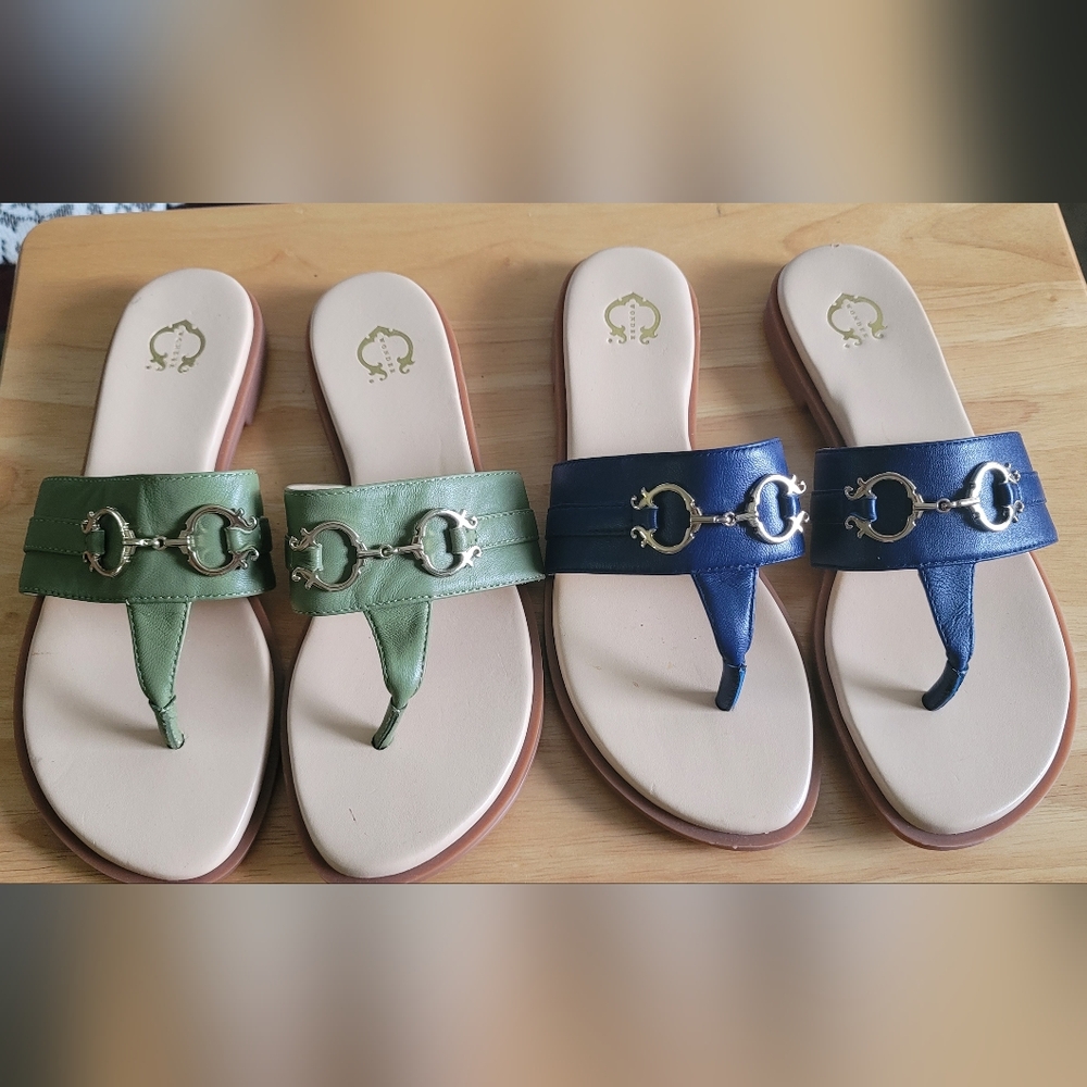 C. Wonder Annabelle Navy and Olive Leather Thong Slip-on sandals; 8M; 2 Pairs